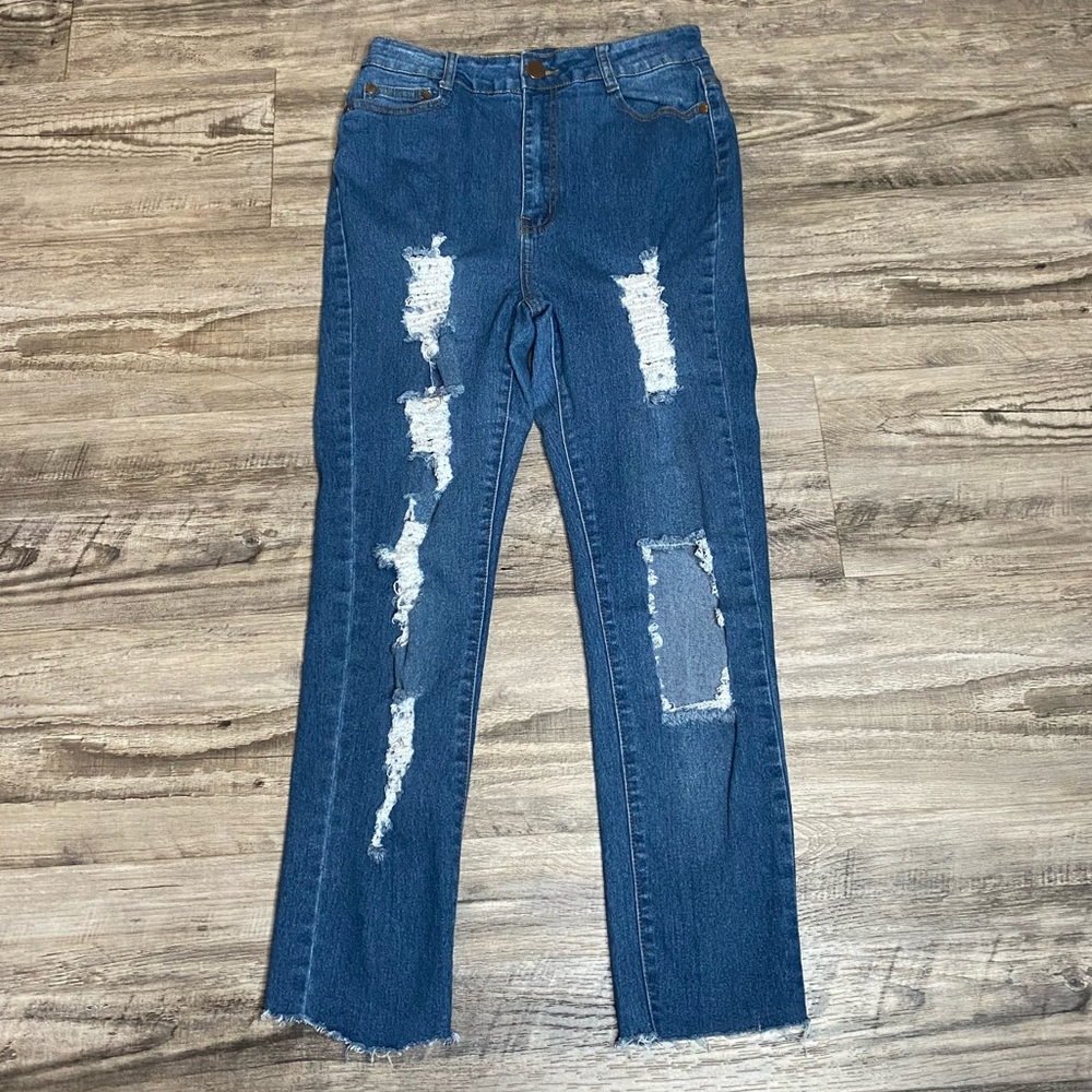 BOB Medium Wash Blue Distressed Denim Jeans High Waisted Size 13/14 Straight Leg